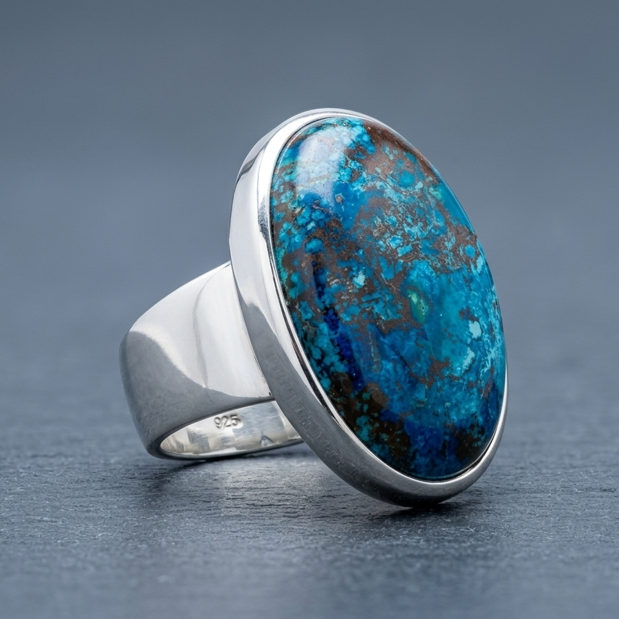 Sterling Zilveren Ring met Azuriet Ovaal Cabochon Geslepen 14x21mm