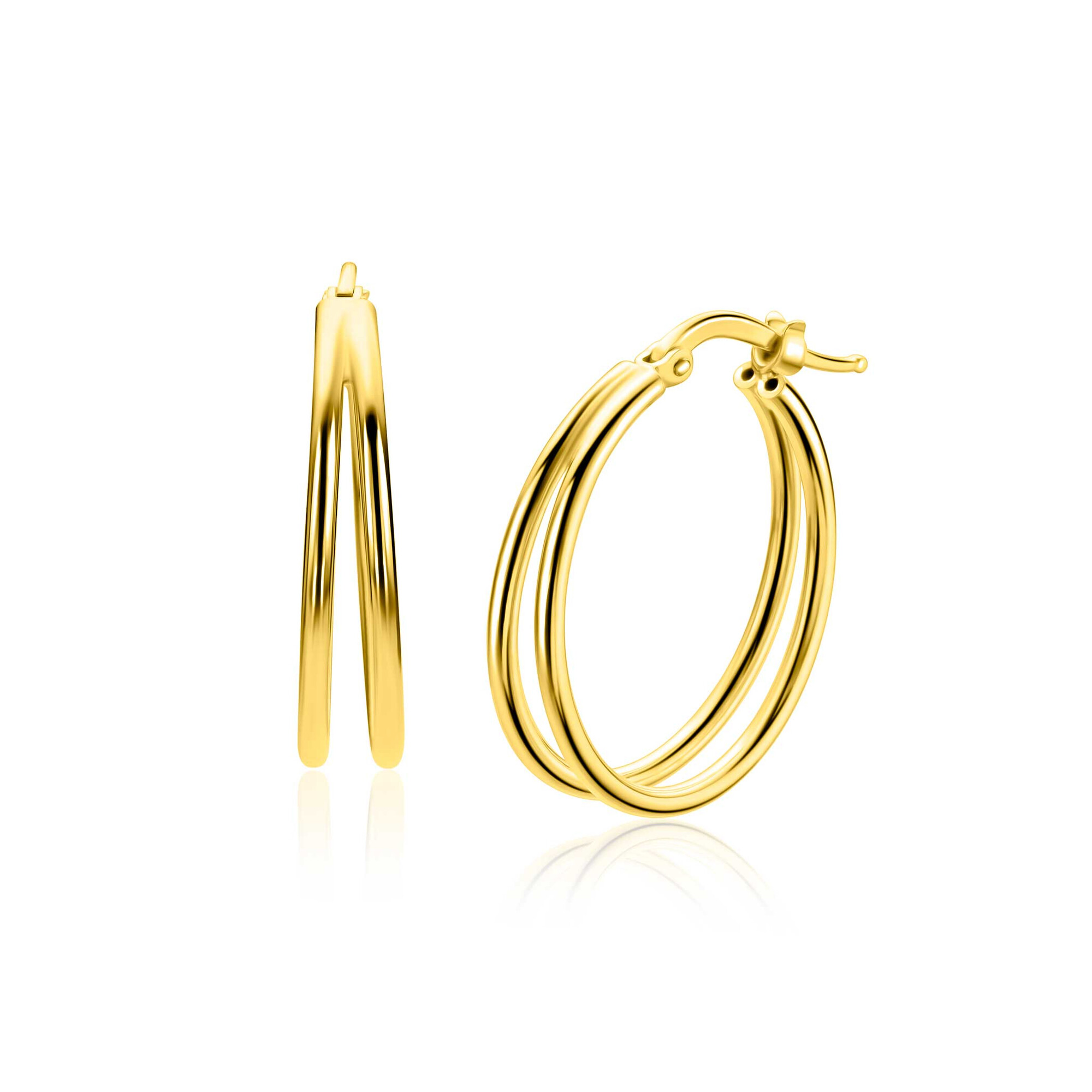 ZINZI gold plated zilveren multi-look oorringen 24mm met een dubbele buis. Een verrassende multi-look uitstraling voor je oren. De buisdikte van de oorringen is 1,6mm. Met gemakkelijke bovensluiting. Vervaardigd van eerste gehalte zilver (925) en extra geel verguld.