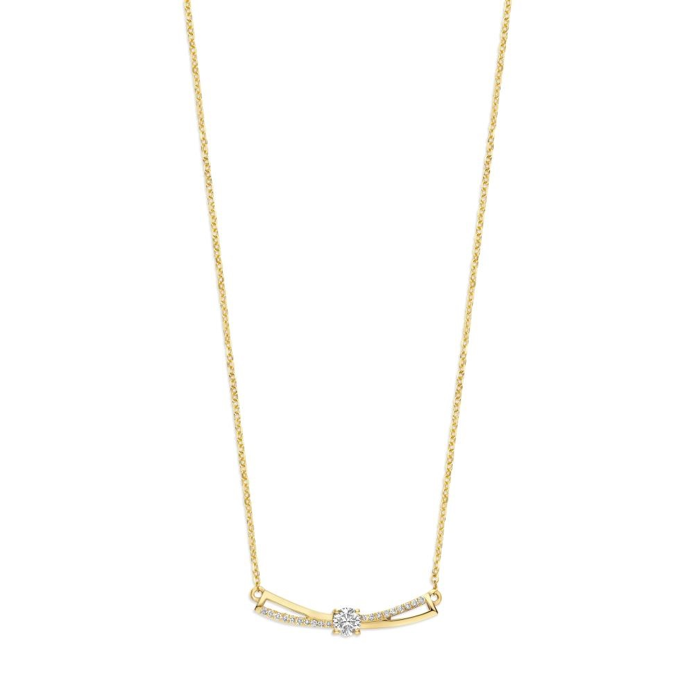 Zilver verguld collier met tussen stuk met 0,30 caraat labgrown diamant als middensteen en 0,08 caraat aan kleine labgrown diamantjes. Een tijdloos sieraad voor elke bijzondere gelegenheid. 