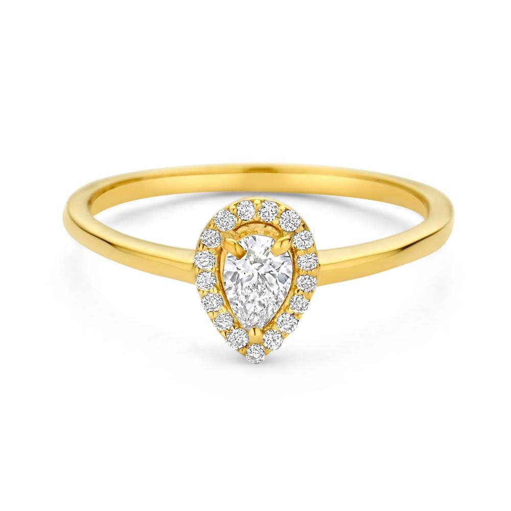 Zilver vergulde ring met druppelvormige labgrown diamant en kleine diamantjes 0,27 caraat + 0,08 caraat maat 54. Een tijdloze klassieker voor een betaalbare prijs.