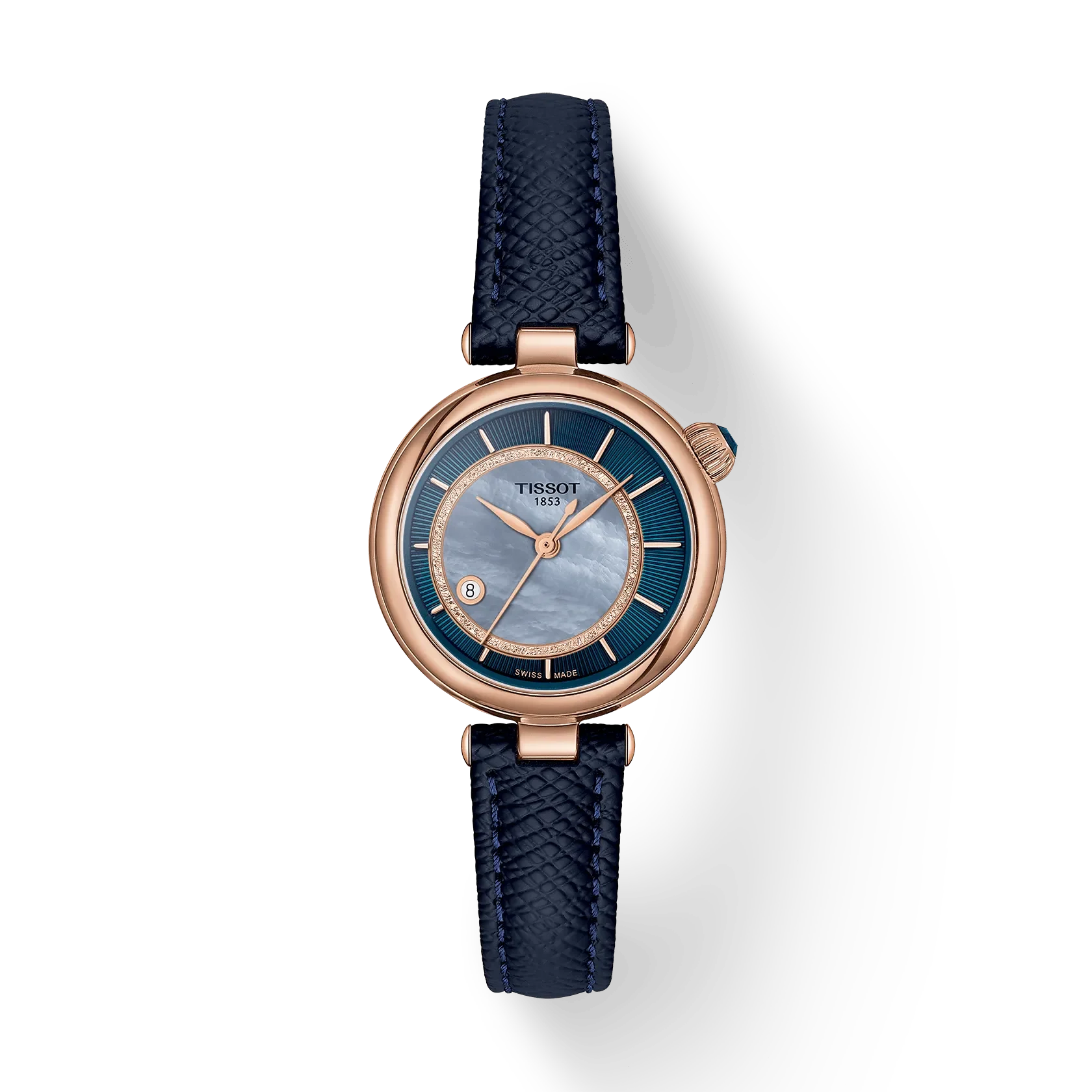 damesplshorloge Tissot model Desir met blauwe en parelmoer wijzerplaat.