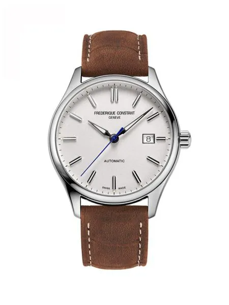 De FC-303NSB6-horloge heeft een zilverkleurige ronde kast van roestvrij staal met saffierglas, een wit gestreept wijzerplaatpatroon, en bruine leren band. Het beschikt over automatische beweging, analoge aanduiding, en een datumaanduiding. Waterdicht tot niveau 10. Perfect voor dagelijks gebruik of formele gelegenheden, draag het met zowel zakelijke als casual outfits.