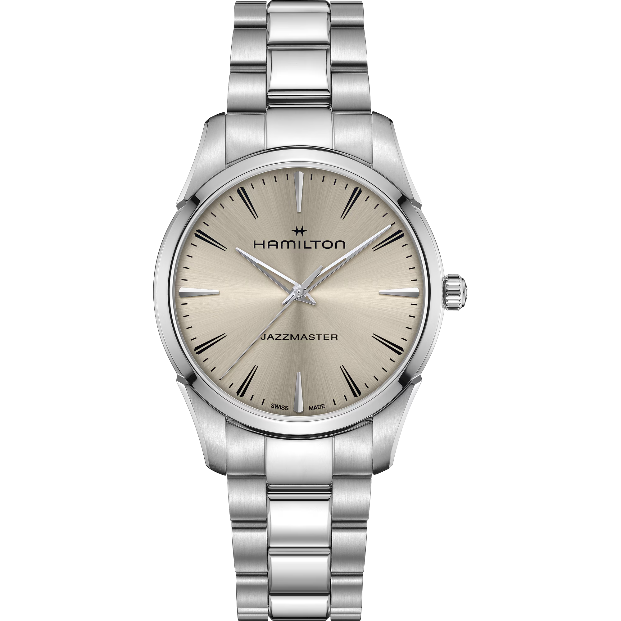 Opvallend en karaktervol: de Jazzmaster Quartz 40 mm combineert een warme uitstraling met een metallic off-white wijzerplaat ge&iuml;nspireerd op zandsteen. De ultraplatte kast met geborstelde en gepolijste afwerking cre&euml;ert een strak profiel, terwijl de opengewerkte wijzers eigentijdse flair toevoegen. Een horloge dat zowel uitnodigend als verfijnd is.