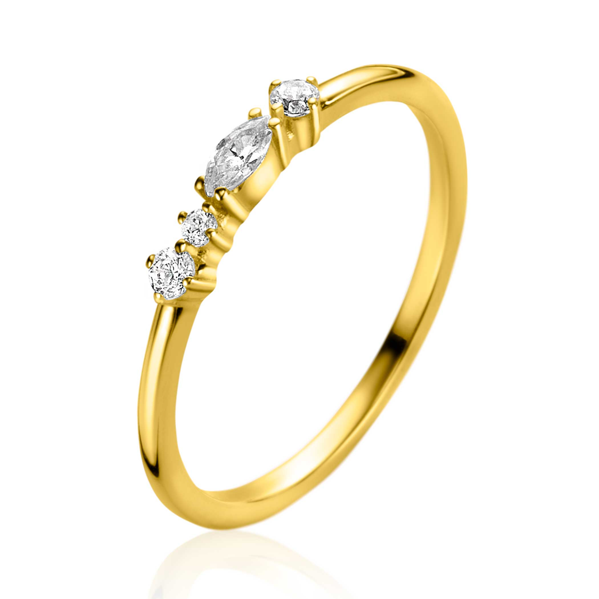 ZINZI Gold 14 krt gouden ring waarin schitterende witte zirconia's in verschillende vormen zijn gezet in sierlijke vierpootszettingen. De ring is 2,5mm breed. Mooi te combineren met andere gouden Zinzi ringen. Vervaardigd van geheel 14 karaat goud (585) 