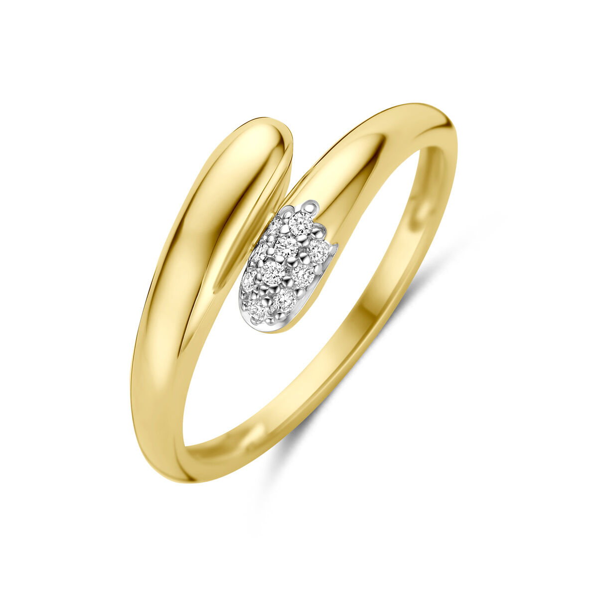 14k Geelgouden ring met diamant. De ring heeft een breedte van 7.5mm. Het totale diamantgewicht is 0.05ct.