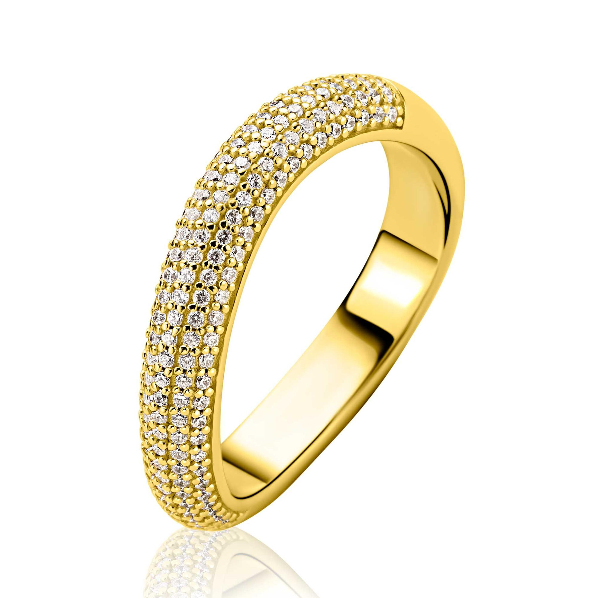 De ZINZI ZLV-ring met modelnummer ZIR2883Y54 is een verfijnde gouden ring, rijkelijk bezet met zirkonia's in pave-zetting. Ideaal als statement piece, straalt het elegantie en stijl uit. Verkrijgbaar in maat 54. Draag deze ring als opvallend accessoire bij zowel casual als formele gelegenheden om je look te verfraaien.