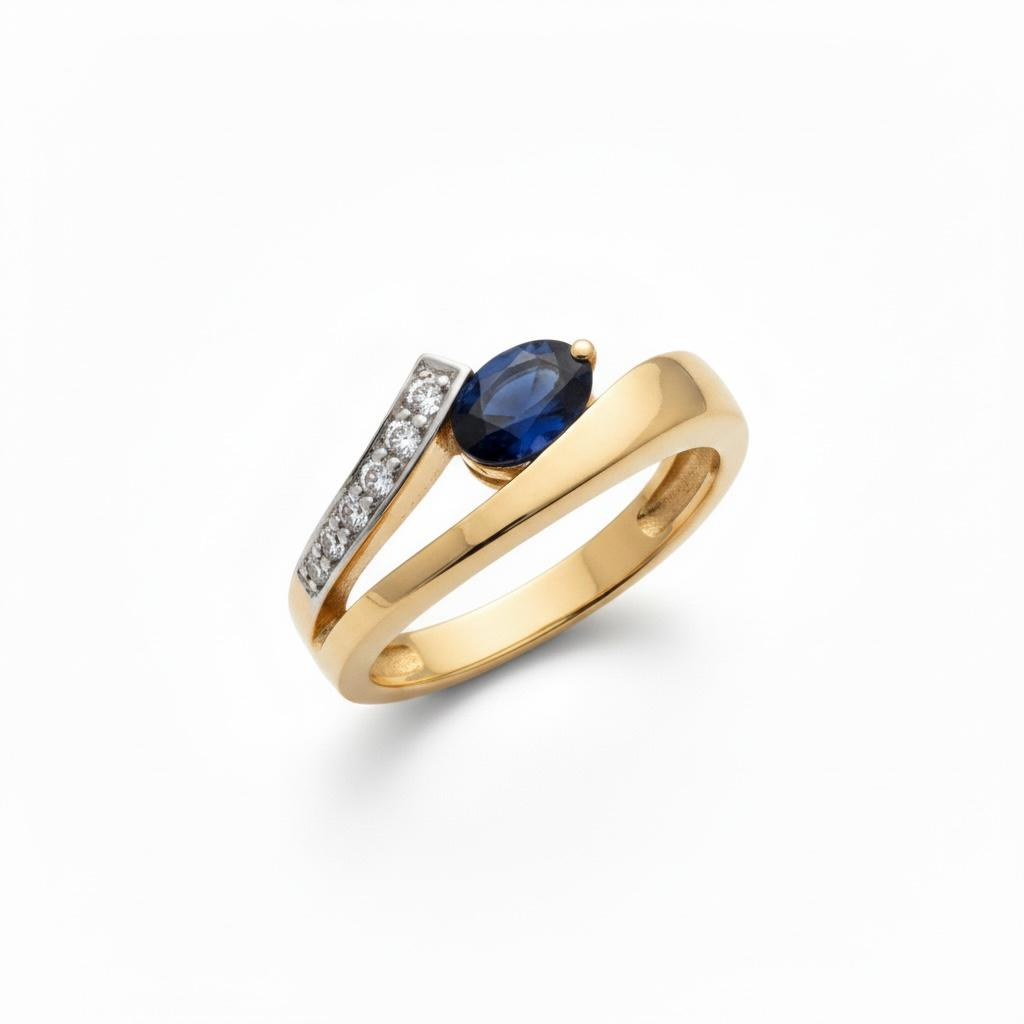 14 karaat geelgouden ring met saffier en briljant.