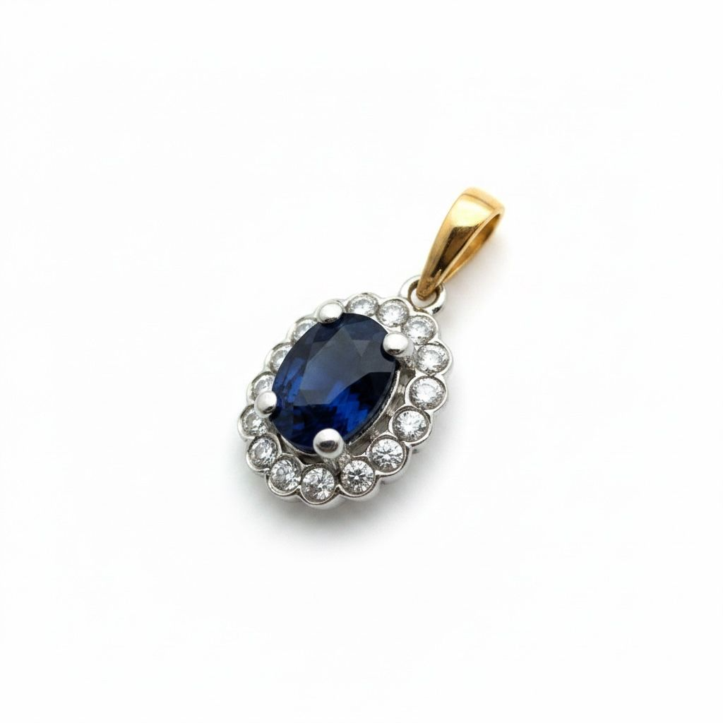 14 karaats bicolor hanger met 16 briljant geslepen diamanten van totaal 0.08 caraat en een saffier van 5x4 mm