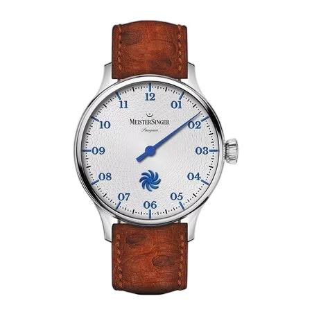 MeisterSinger Decodesecond steel gray/ bleu dial, strap ostrich print brown
