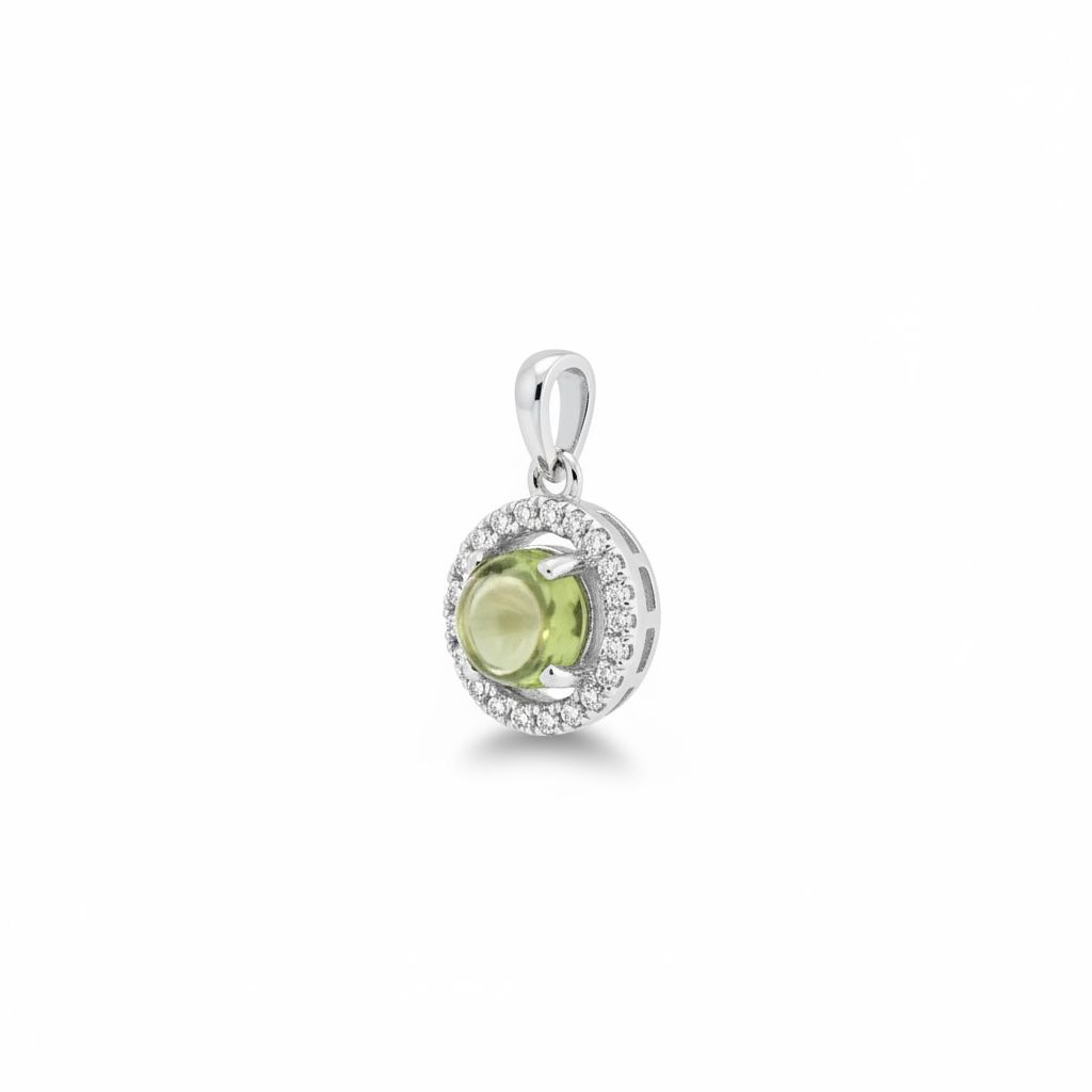 14 karaats witgouden hanger met 20x briljant geslepen diamant van totaal 0.10 caraat + cabochon geslepen peridot van 5 mm.