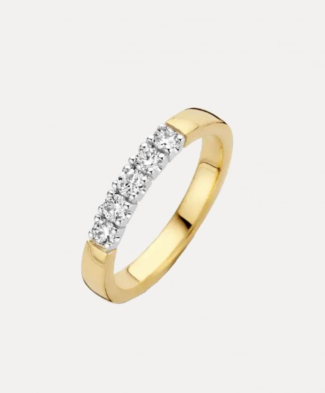 14 KARAAT BICOLOR GEEL MET WITGOUDEN MEMOIRE RING MET 5 BRILJANTEN VAN 0.01 CRT.
5 prachtige briljanten in de MEMOIRE ring, draagbaar elegant en schitterend, door de lage zetting bijna onverwoestbaar, heel mooi alleen te dragen of in combinatie met aanschuifringen. Je kunt je Memoire ring completeren door er een set van te maken met hanger, half-creool, creool en zelfs een armband.