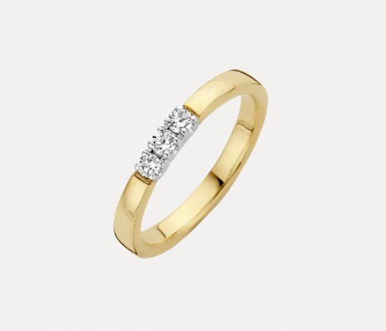 14 KARAAT BICOLOR GEEL MET WITGOUDEN MEMOIRE RING MET 3 BRILJANTEN VAN 0.02 CRT.
3 prachtige briljanten in de MEMOIRE ring, draagbaar elegant en schitterend, door de lage zetting bijna onverwoestbaar, heel mooi alleen te dragen of in combinatie met aanschuifringen. Je kunt je Memoire ring completeren door er een set van te maken met hanger, half-creool, creool en zelfs een armband.