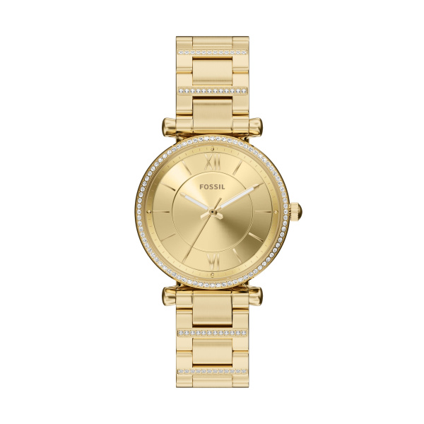 De Fossil Carlie Dameshorloge ES5465 is een stijlvolle, analoge polshorloge met gouden tinten en een roestvrijstalen kast en band. Het heeft een mineraalglas, Romeinse wijzerplaat, en quartz uurwerk. Waterbestendig tot 5 ATM, nikkelvrij, zonder datum- of lichtfunctie. Perfect voor elke chique gelegenheid of dagelijks gebruik. Draag het met een elegante outfit voor een verfijnde look.