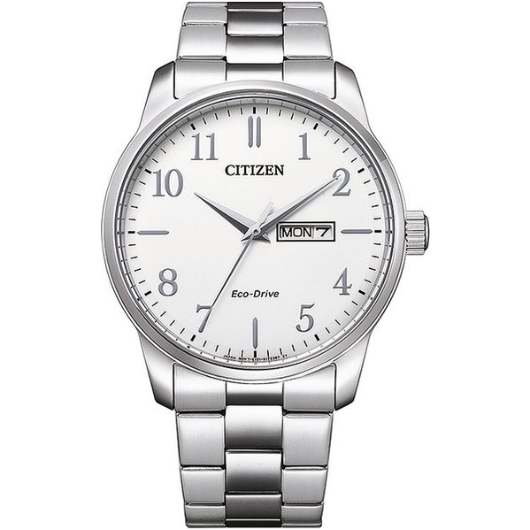 BM8550-81A Citizen stalen herenhorloge met witte wijzerplaat en Arabische cijfers, dag/datum functie 10 atm waterdicht