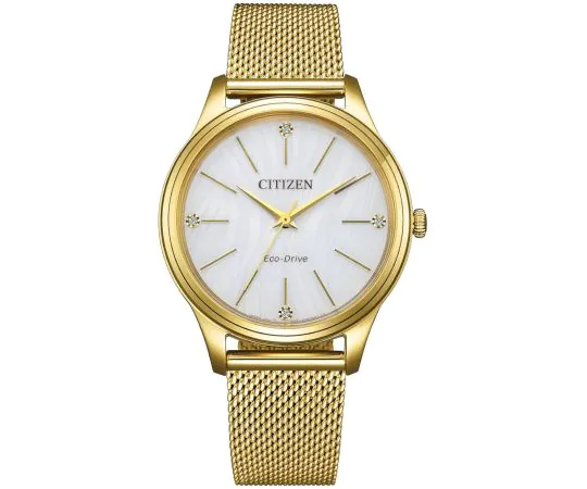 Die Citizen DAU ECO Metallband gelb, Modell EM1222-87A, besticht durch ihr rundes Geh&auml;use aus Mineralglas, analoge Anzeige und wei&szlig;e Streifen auf dem Zifferblatt. Mit einer Wasserdichtigkeit von 50 Metern ist sie ideal f&uuml;r den Alltag. Kombinieren Sie sie mit l&auml;ssiger oder formeller Kleidung f&uuml;r einen stilvollen Auftritt.