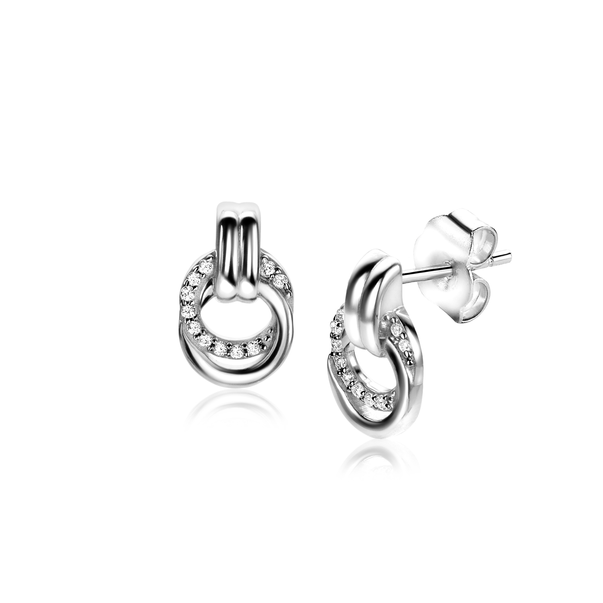ZINZI zilveren oorstekers 13mm in 14K geelverguld met twee verbonden open rondjes, glad en bezet met witte zirconia's. Deze oorknoppen zijn stijlvol en elegant bij elke outfit! Vervaardigd van eerste gehalte zilver (925) en voorzien van een extra 14K geelgoudkleurige laag.