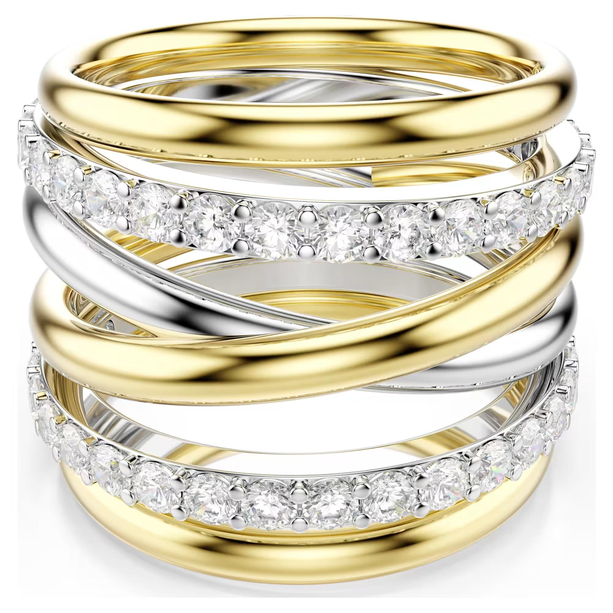 Om uw stijl veelzijdigheid te geven, bestaat dit Swarovski-sieraad uit drie ringen die afzonderlijk kunnen worden gedragen of gestapeld voor een dynamische combinatie. De gedraaide ringen, die het kenmerkende silhouet van de Hyperbola-familie weerspiegelen, combineren een rhodium en goudkleurige toplaag, samen met heldere Swarovski Zirkonia in delicate Round-slijpvormen. Draag ze met bijpassende oorbellen of een ketting om de hypnotiserende look te benadrukken.