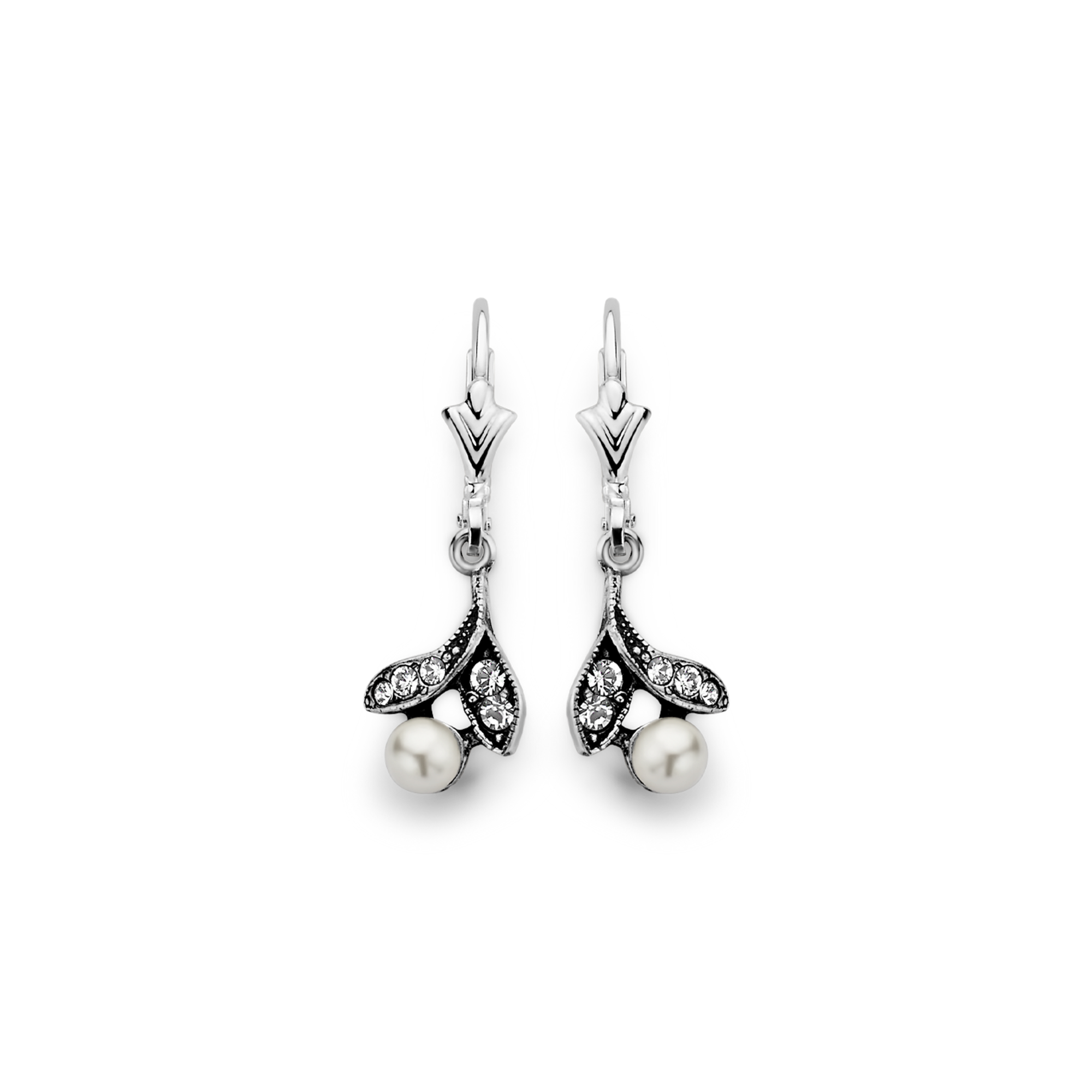 Zilveren oorhangers met Parel en Swarovski kristal. Art Nouveau