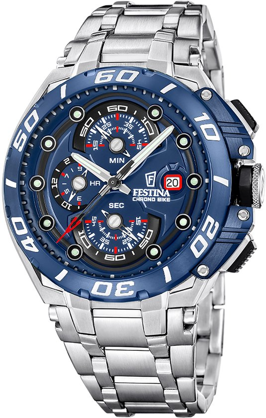 Merk: Festina
Productgroep: Horloges
Doelgroep: Unisex

Glas: Mineraalglas
Kleur Horlogekast: Zilver
Band Materiaal: RVS
&Oslash; mm: 46
Kleur Wijzerplaat: Blauw
Materiaal Kast: RVS
Tijdsaanduiding: Analog
Kleur Band: Zilver
Type Product: Polshorloge
Functies: Kalender
Kastvorm: Rond
Kloktype: chronografen
Type Sluiting: Vouwsluiting
Waterdicht: 20 ATM