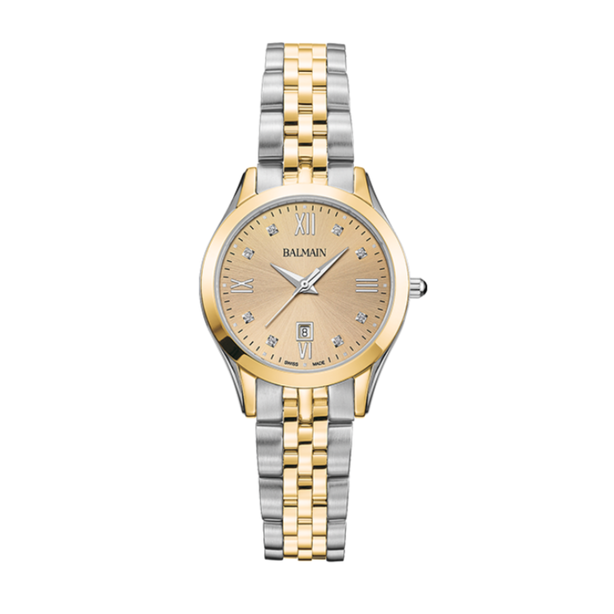 De Balmain Classic R is een stijlvol Zwitsers dameshorloge met een gouden wijzerplaat, diamanten accenten en Romeinse indexen. De bicolor kast en slanke vorm geven het een tijdloze, elegante uitstraling voor dagelijks gebruik.