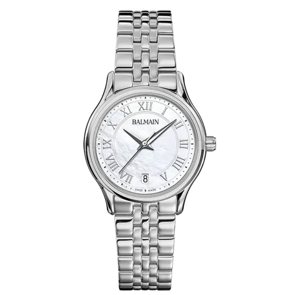 De Balmain Beleganza is een elegant dameshorloge dat een stralende stijl combineert met een modern design ge&iuml;nspireerd op de Parijse haute couture. De witte parelmoeren wijzerplaat en klassieke Romeinse cijfers zorgen voor een levendige touch. De roestvrijstalen kast van 32 mm met een sierlijke 6,27 mm profiel en bijpassende band bieden dagelijkse verfijning. Dit Swiss Made horloge is voorzien van saffierkristalglas.