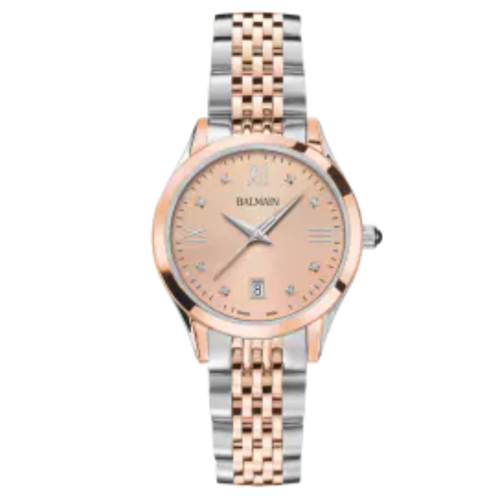 De Balmain Classic R is een verfijnd dameshorloge met een gouden wijzerplaat, subtiele diamanten 0.030ct en klassieke Romeinse cijfers. Dankzij de bicolor kast en het slanke design straalt het horloge tijdloze elegantie uit.