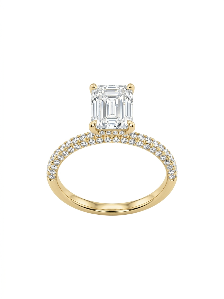 De Emerald cut lab diamant verlovingsring met pave band en hidden halo (modelnummer LD23518) is een prachtige 1.90 crt D/VS1 ring, perfect als verlovingsring. Hij is gemaakt van 14 karaat goud en heeft een glanzende afwerking. Draag deze ring bij speciale gelegenheden als symbool van liefde en toewijding. Perfect te combineren met elegante avondkleding.