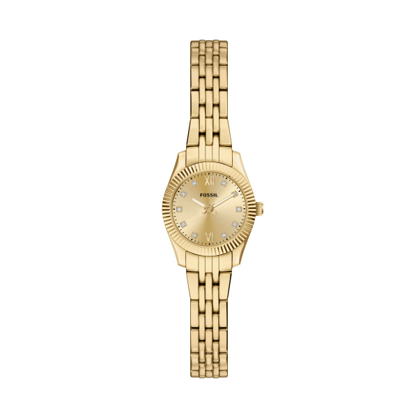 De Fossil Horloge ES5474 is een elegante dameshorloge met modelnummer ES5474. Het horloge heeft een goudkleurige roestvrijstalen kast en band. Dit stijlvolle accessoire past perfect bij zowel formele als casual outfits, waardoor het veelzijdig is voor elke gelegenheid. Draag het met andere gouden sieraden voor een complete look.