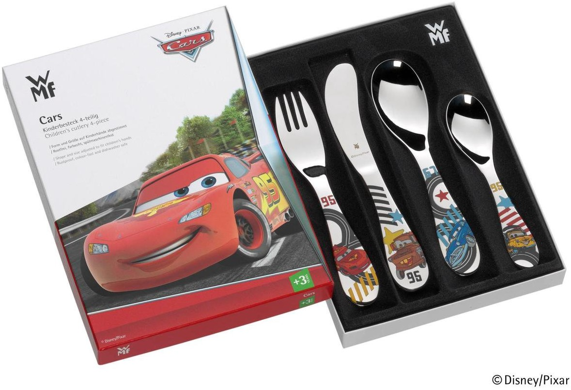 een stalen kinderbestek 4-delig van WMF met afbeelding Cars