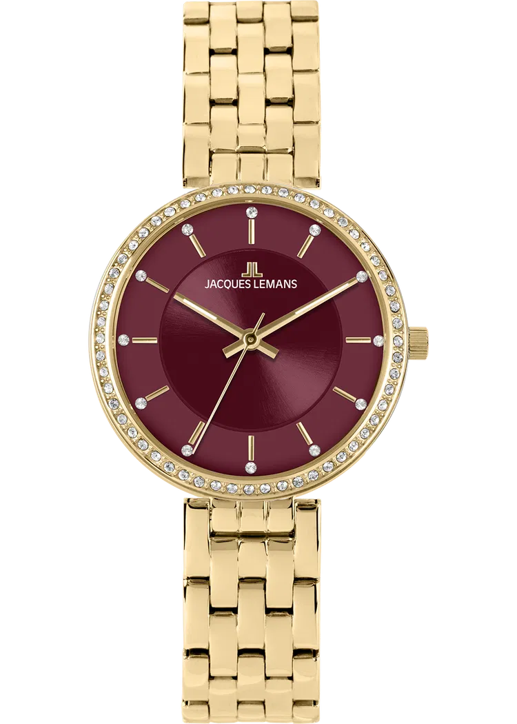 Die Milano JACQUES LEMANS Uhr besticht mit einem eleganten goldfarbenen Edelstahlgeh&auml;use und Edelstahl IP-gold Armband. Sie zeichnet sich durch ein auff&auml;lliges rotes Zifferblatt aus und verzichtet auf eine Datumsfunktion. Mit einem Wasserbest&auml;ndigkeitsgrad von 5 ATM und geh&auml;rtetem Crystexglas ist sie optimal f&uuml;r den t&auml;glichen Gebrauch.  Tragen Sie sie stilvoll zu formellen oder l&auml;ssigen Anl&auml;ssen.