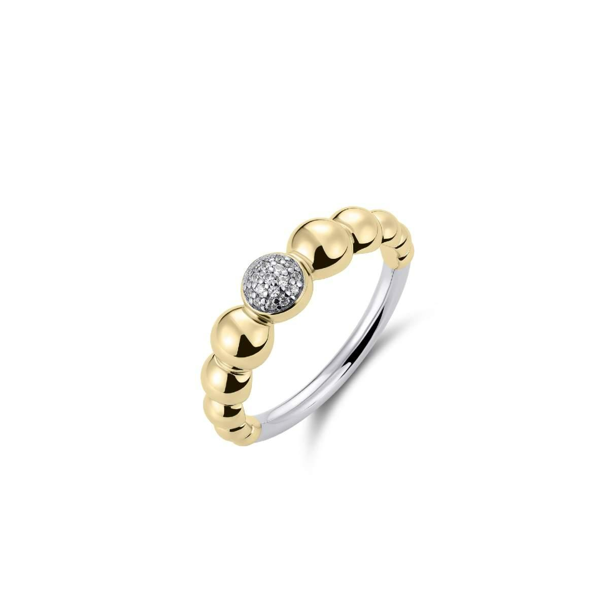 Zilver vergulde ring, bolletjes met middelste bolletje met zirkonia
