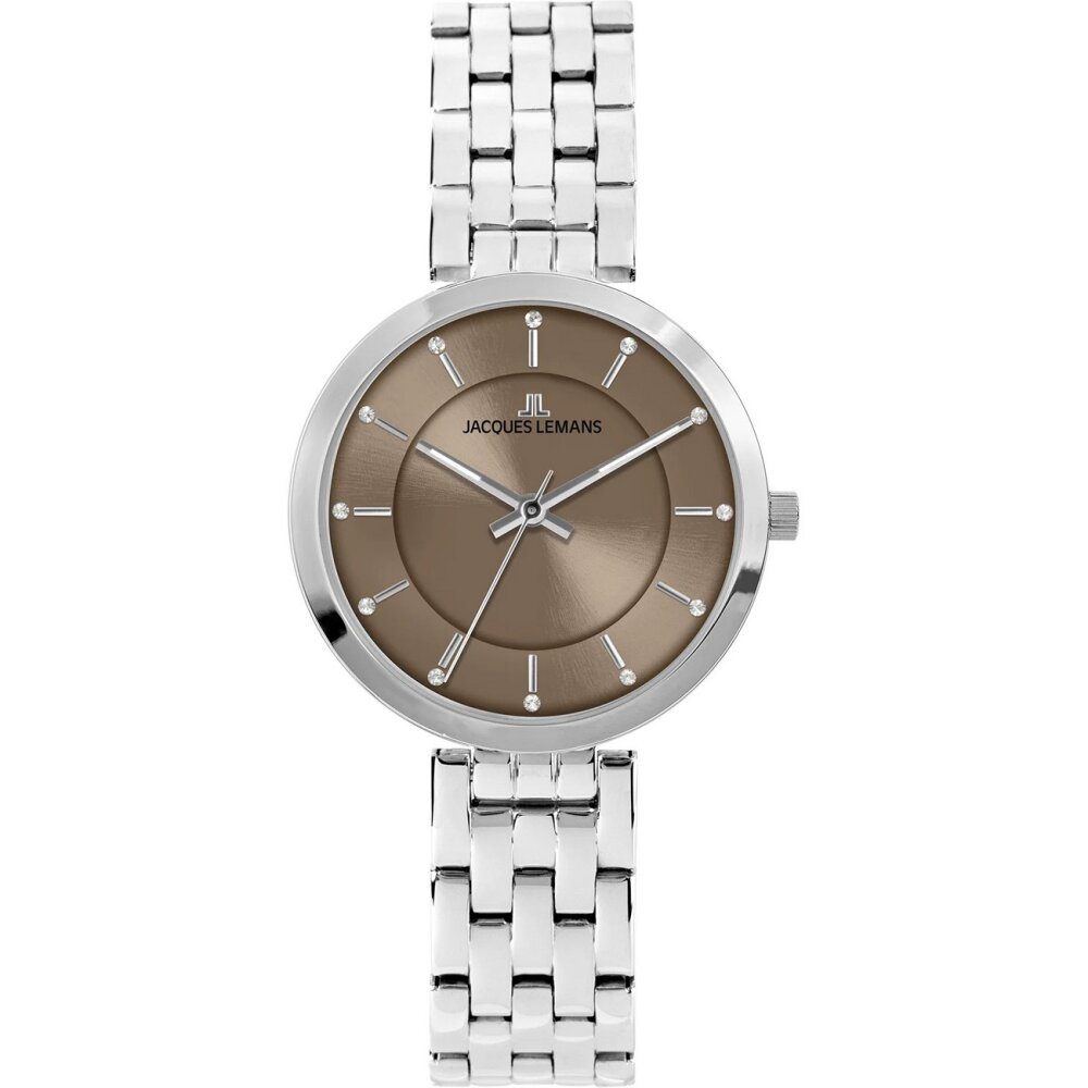 Die Milano JACQUES LEMANS ist eine elegante Armbanduhr mit einem 32 mm runden Geh&auml;use in Silberfarbe, mit braunem Zifferblatt und silberfarbenem Edelstahlarmband. Sie ist wasserdicht bis 5 ATM, hat ein Quarzwerk und geh&auml;rtetes Crystexglas. Perfekt f&uuml;r formelle Anl&auml;sse oder als stilvolles Accessoire im Alltag, ohne Datumsfunktion oder Smartwatch-Features.