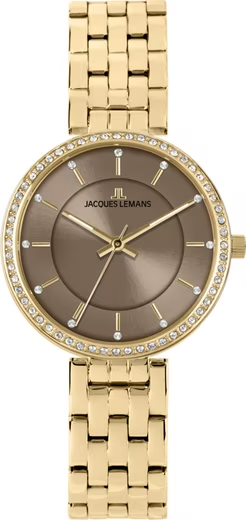 Die Milano JACQUES LEMANS besticht durch ihr elegantes Design. Die Uhr hat ein rundes, goldfarbenes Edelstahlgeh&auml;use und -armband und geh&auml;rtetes Crystexglas. Mit einem braunen Zifferblatt ohne Datumsfunktion und einer Wasserdichtigkeit von 5 ATM ist sie ideal f&uuml;r den t&auml;glichen Gebrauch. Die Uhr tr&auml;gt man am besten zu formellen Anl&auml;ssen oder eleganter Freizeitkleidung.