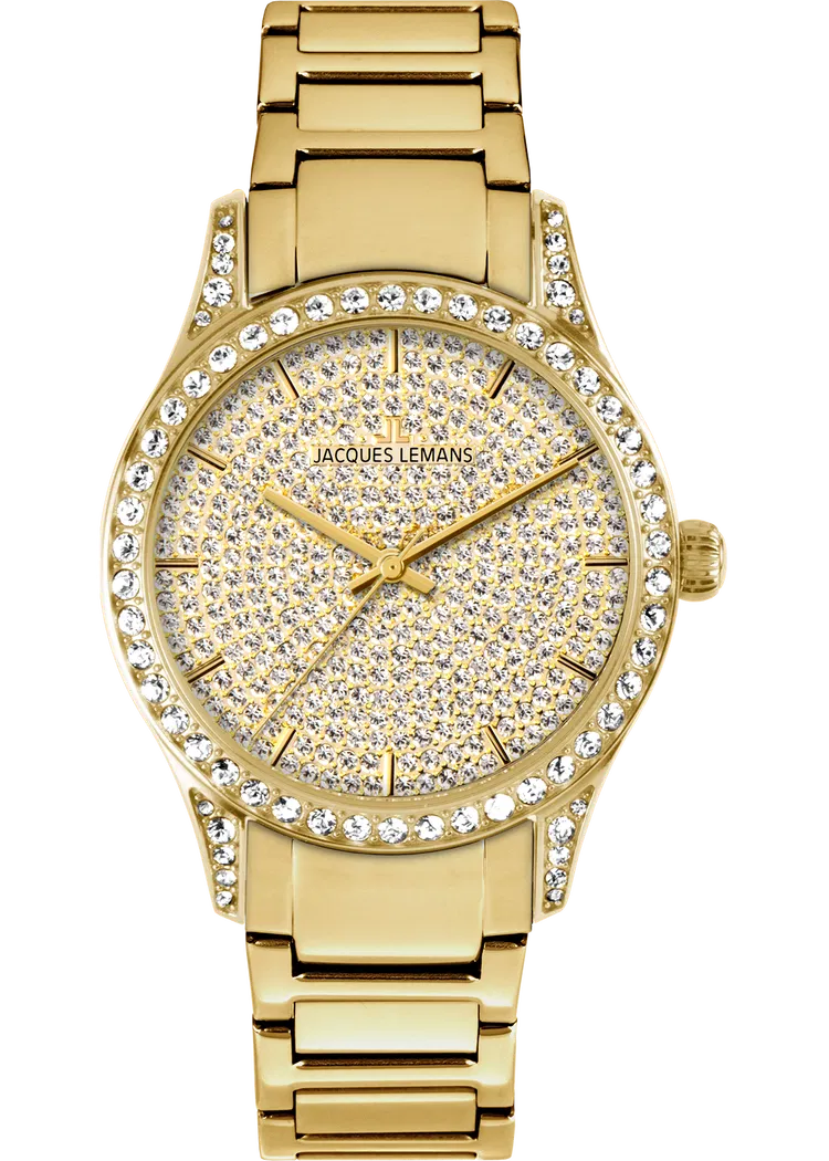 Die Venice Damenuhr JACQUES LEMANS besticht durch ihr elegantes Design mit einem 38mm runden goldfarbenen Edelstahlgeh&auml;use massiv Edelstahl IP-gold. Sie ist bis zu 5 ATM wasserfest und verf&uuml;gt &uuml;ber ein pr&auml;zises Quarzwerk und geh&auml;rtetem Crystexglas. Perfekt f&uuml;r einen stilvollen Auftritt, sowohl im Alltag als auch zu besonderen Anl&auml;ssen, zeichnet sie sich durch zeitlose Eleganz aus.