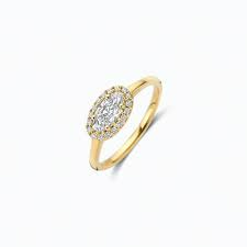 Blush 14k geelgouden ring; ovale Lab diamant met kleinere Lab diamanten eromheen, Lab 0.50/0.15crt