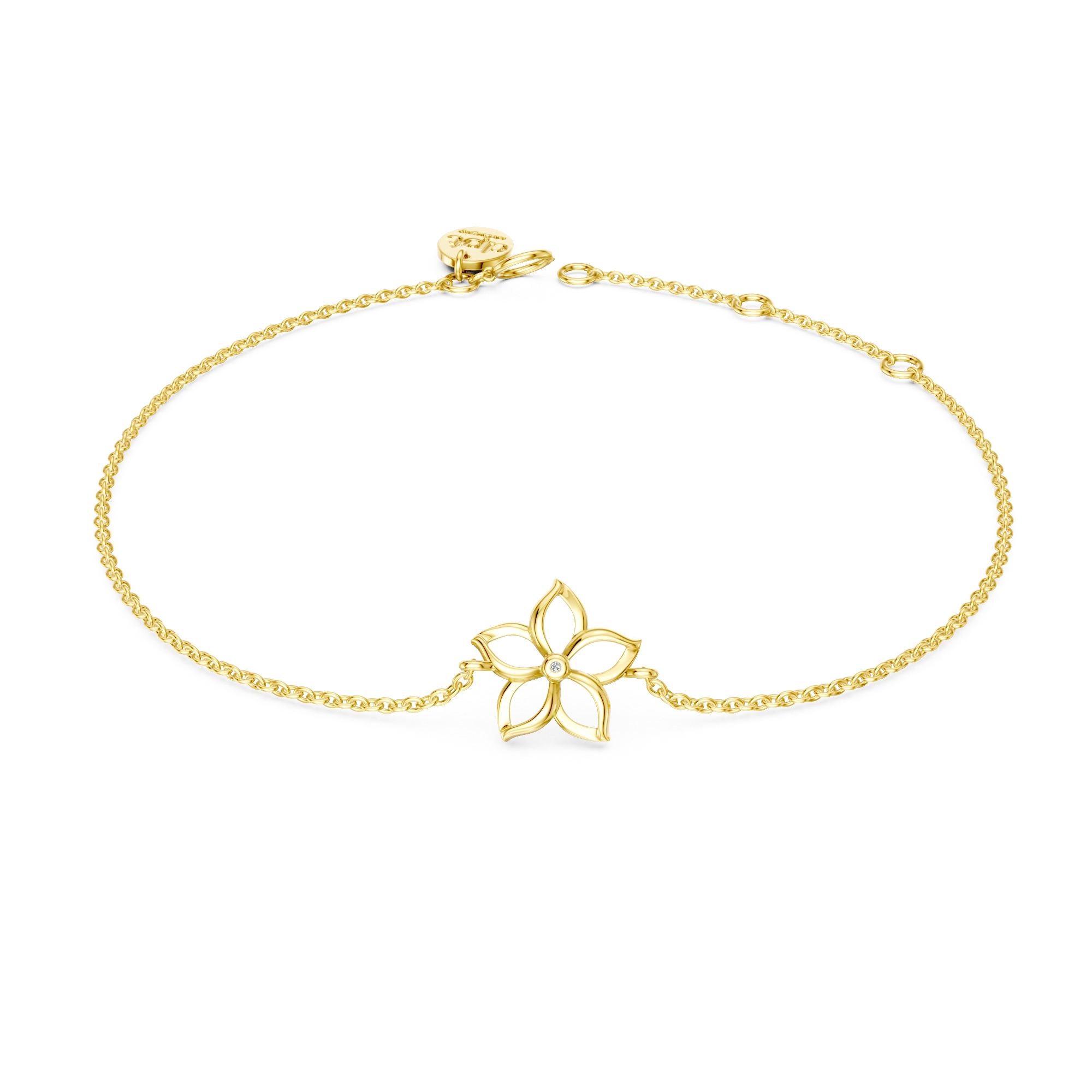 Deze subtiele en charmante armband is versierd met een verfijnd bloemmotief bezet met een enkele witte diamant. Het minimalistische ontwerp voelt licht aan om de pols en is gemakkelijk te combineren. Vervaardigd in 925 sterling zilver, is het een elegant sieraad voor dagelijks gebruik.