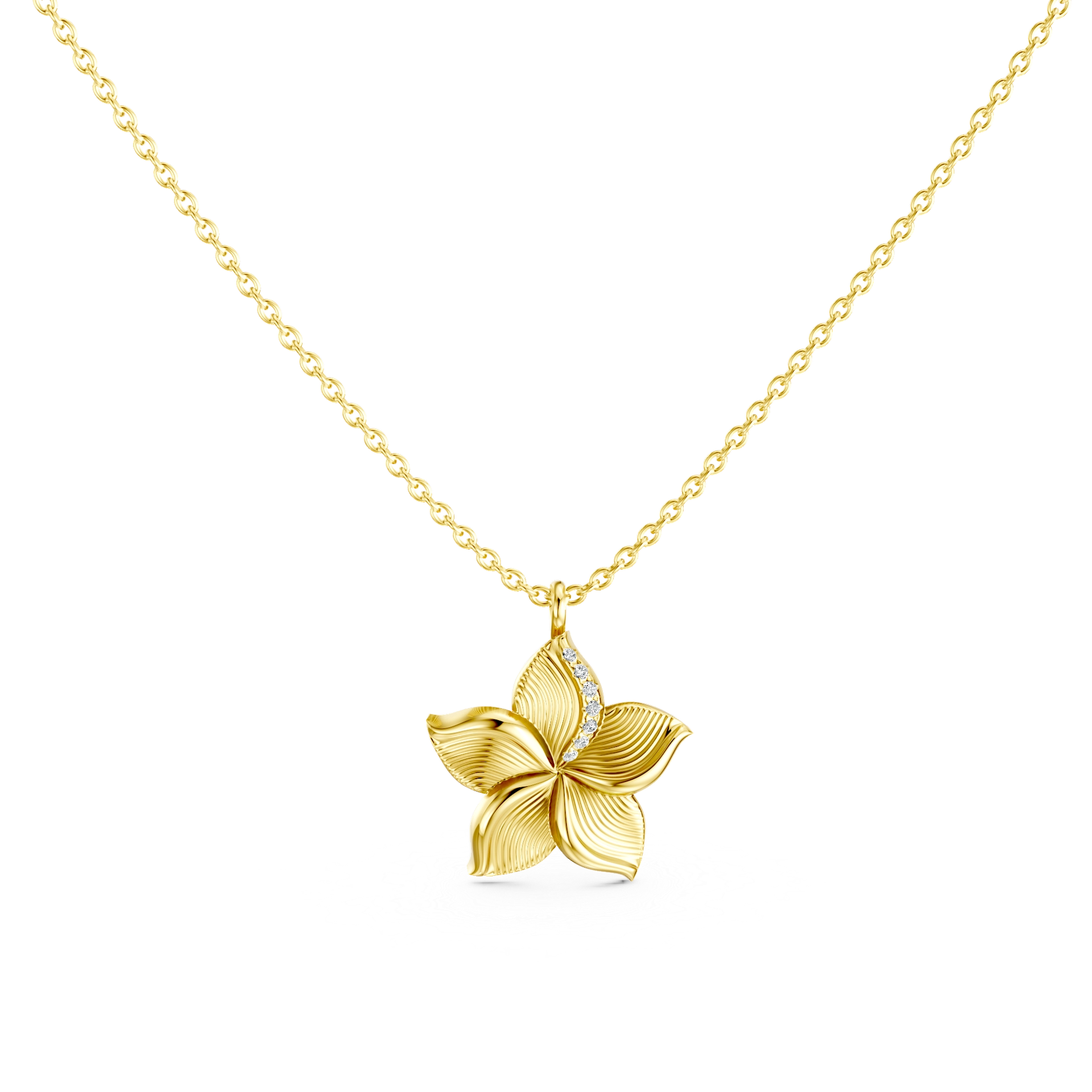 Deze elegante en tijdloze halsketting heeft een bloemvormige hanger, bezet met zeven witte diamanten. Het sculpturale ontwerp voegt diepte en textuur toe, terwijl de subtiele schittering de ketting een elegante uitstraling geeft. Vervaardigd in 925 sterling zilver, is de ketting perfect om alleen te dragen of te combineren met andere kettingen.