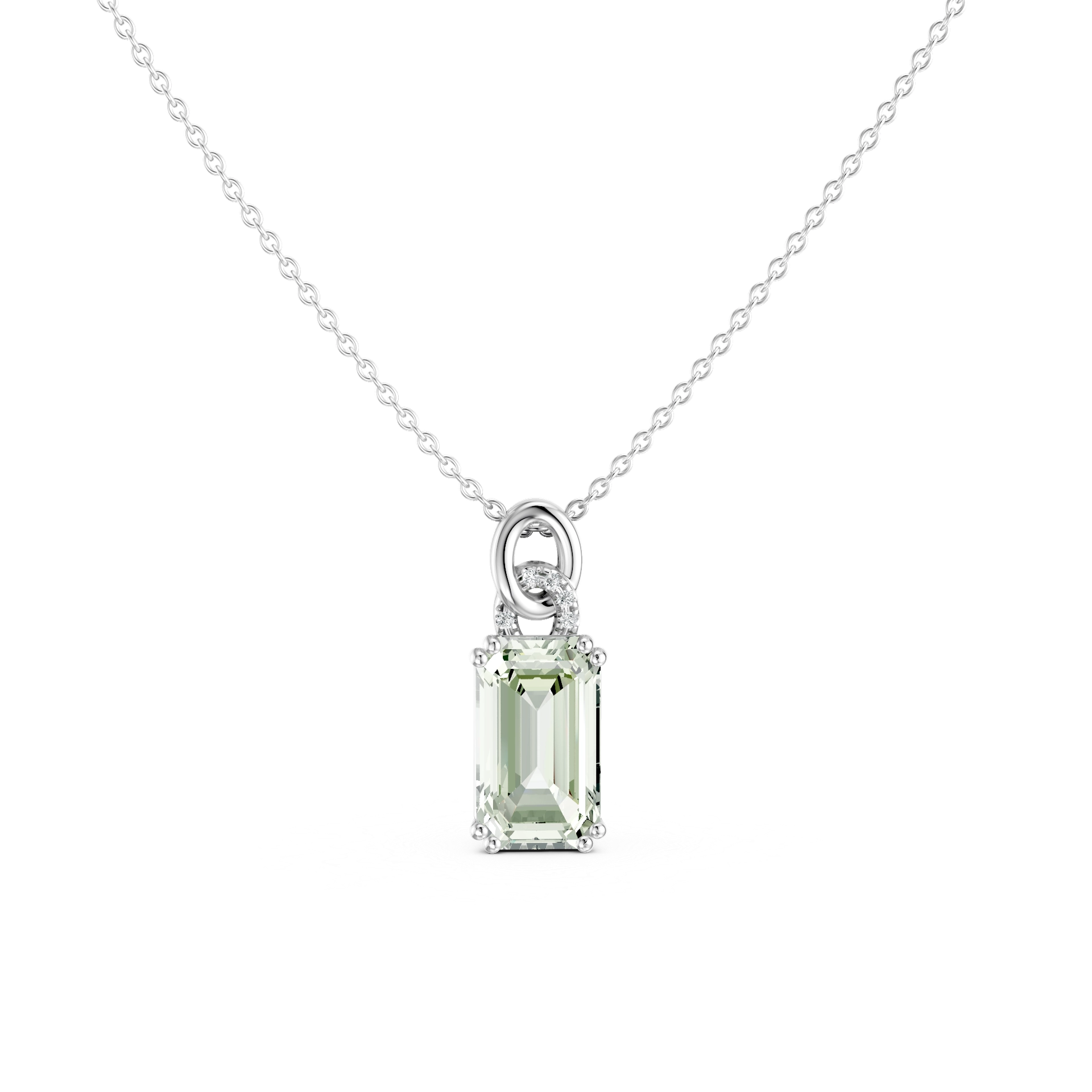 Deze delicate ketting met een subtiele kleuraccent heeft een groene amethist hanger, bezet met vijf witte diamanten. De verfijnde schittering vormt een mooi contrast met de frisse kleur, voor een elegante look die perfect is voor elke dag. De ketting is vervaardigd van 925 sterling zilver en kan zowel los als in combinatie met andere kettingen gedragen