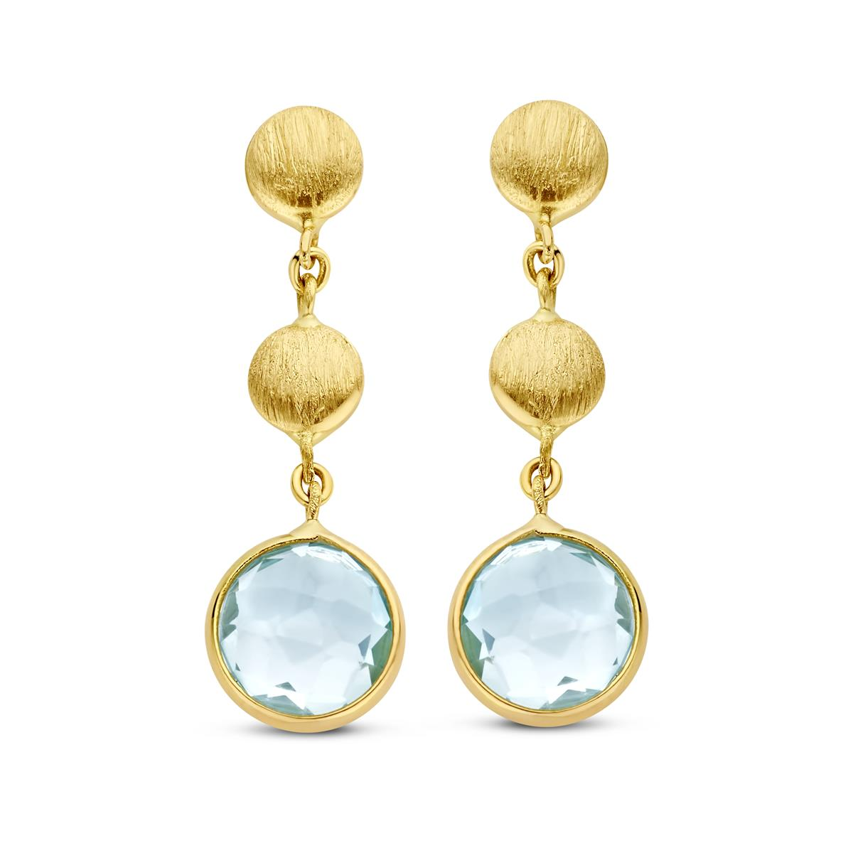 Deze geelgouden oorslingers stralen elegante verfijning uit en worden prachtig geaccentueerd door fonkelende topazen. Het warme goud complimenteert de heldere, sprankelende stenen voor een tijdloos luxe effect. Ideaal om elke outfit direct een chique en stijlvolle touch te geven.