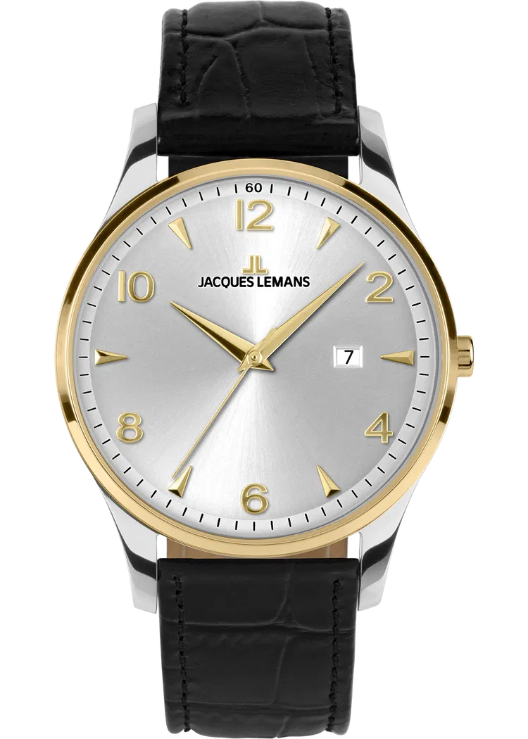Die London Herrenuhr JACQUES LEMANS besticht durch ihr elegantes Design und hochwertige Materialien. Sie verf&uuml;gt &uuml;ber ein 40mm Edelstahlgeh&auml;use in goldfarben, ein wei&szlig;es Zifferblatt und ein schwarzes Echtlederarmband. Die Uhr ist wasserdicht (5 ATM), besitzt eine Datumsfunktion und ein Quarzwerk und geh&auml;rtetes Crystexglas. Perfekt f&uuml;r formelle Anl&auml;sse und im B&uuml;ro.