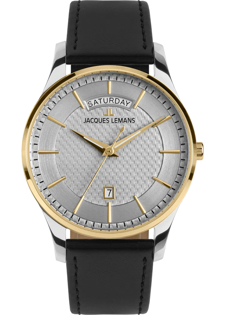 Die London Herrenuhr JACQUES LEMANS zeichnet sich durch ihr elegantes Design mit einem 40mm goldfarbenen Edelstahlgeh&auml;use, massiv Edelstahl IP-gold Bicolor, geh&auml;rtetes Crystexglas, grauem Zifferblatt und schwarzem Echtlederarmband aus. Sie ist wasserdicht bis 5 ATM und verf&uuml;gt &uuml;ber ein Quarzwerk sowie Datumsfunktion. Tragen Sie diese stilvolle Uhr zu formellen Anl&auml;ssen oder im B&uuml;ro f&uuml;r einen klassischen Look. Zustand: Neu.