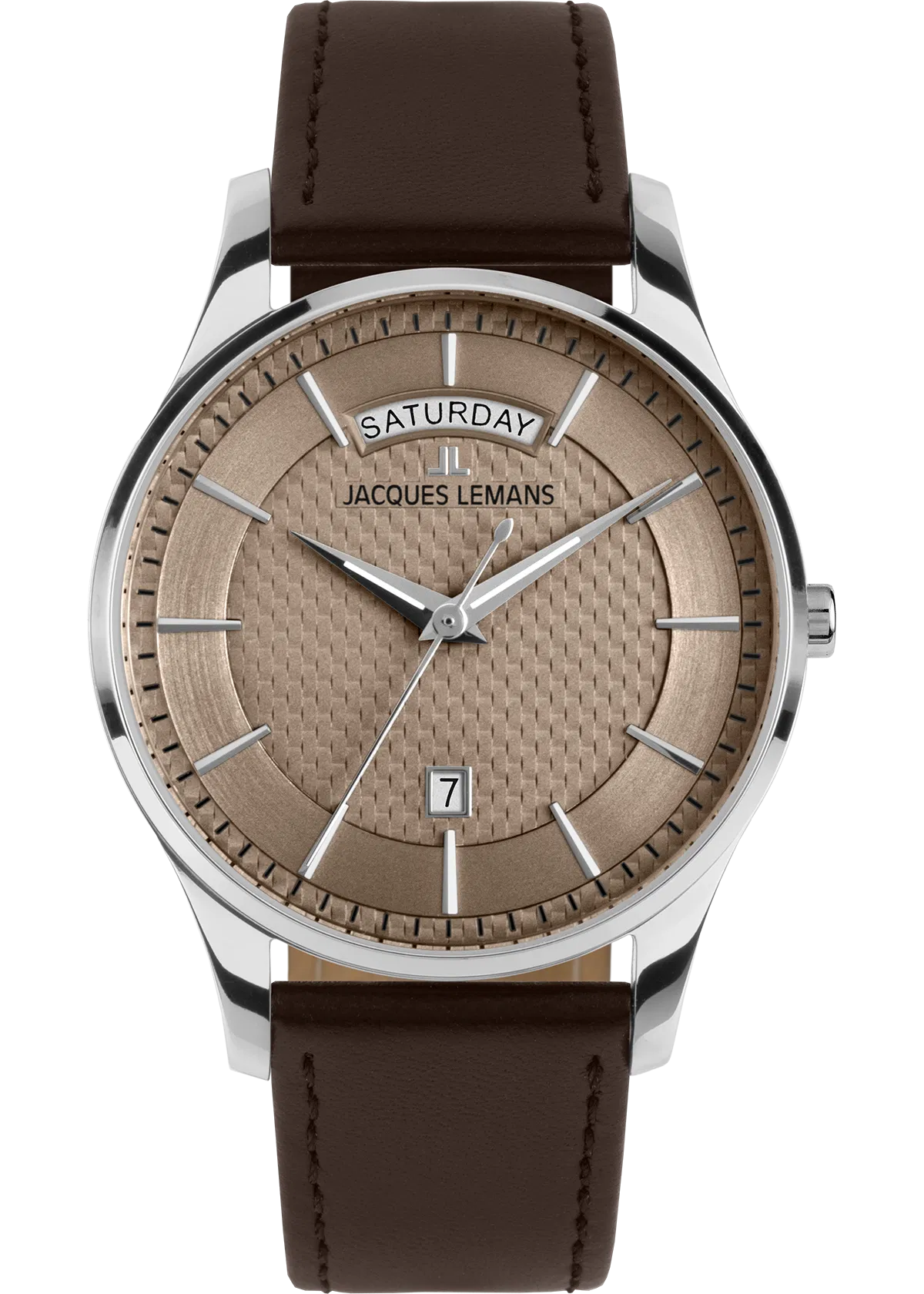 Die London Herrenuhr JACQUES LEMANS  besticht durch ein elegantes Design mit silbernem Edelstahlgeh&auml;use und braunem Zifferblatt, geh&auml;rtetes Crystexglas. Sie verf&uuml;gt &uuml;ber ein schwarzes Lederarmband, Datumsfunktion und Quarzwerk. Wasserdicht bis 5 ATM und in neuem Zustand. Perfekt f&uuml;r den t&auml;glichen Gebrauch oder besondere Anl&auml;sse. Ideal kombiniert mit formeller oder legerer Kleidung.