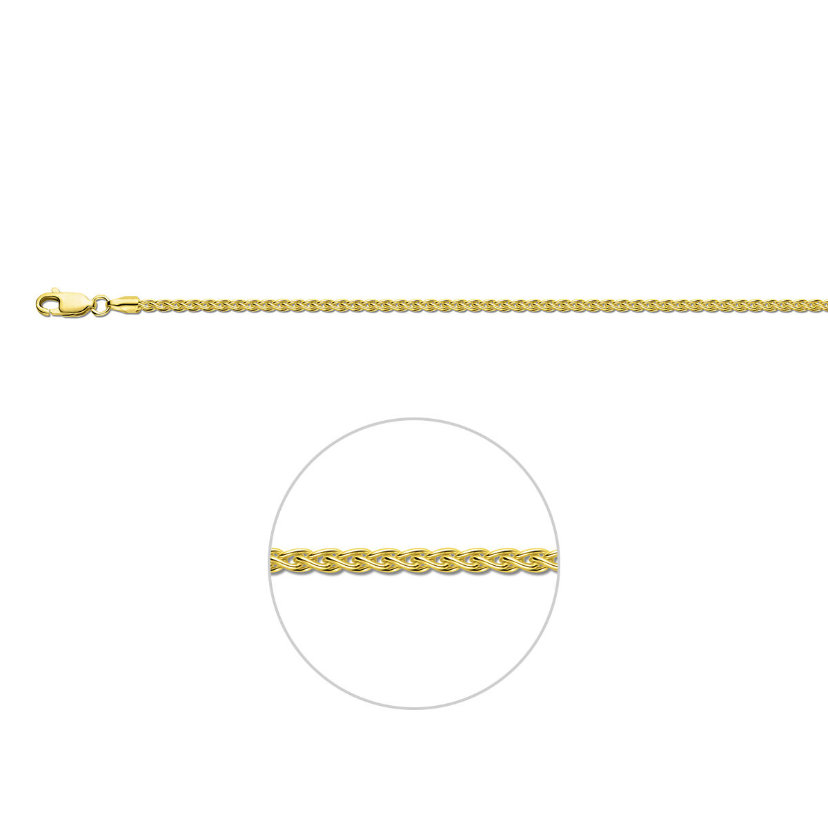 14 Karaats Geelgouden lengteartikel met vossestaart/palmier schakel. De schakelbreedte is 2.2mm