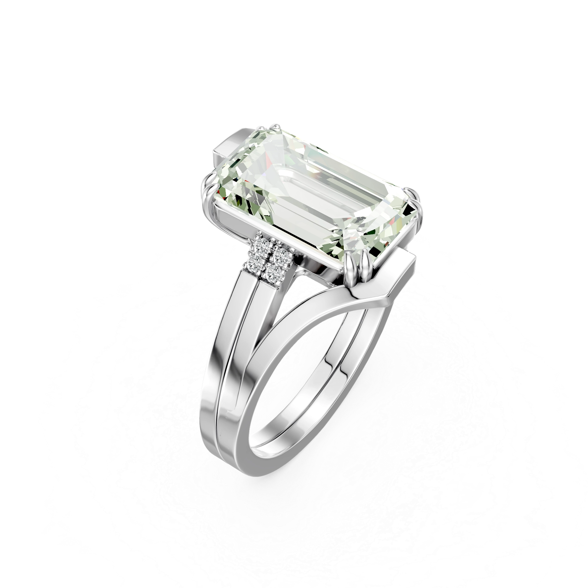Deze gedurfde maar evenwichtige ring wordt gekenmerkt door een opvallende groene amethist, omringd door acht witte diamanten. De strakke, architectonische zetting benadrukt de zachte gloed van de edelsteen en voegt een verfijnde schittering toe. Vervaardigd in 925 sterling zilver, is het een statement piece dat elegant en zelfverzekerd