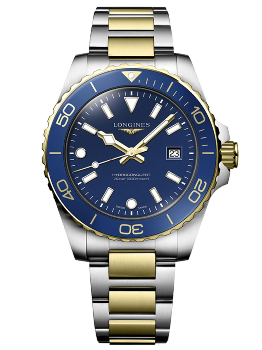 De Longines Hydroconquest L37693967 is een luxe polshorloge met een roestvrijstalen goud-zilveren kast en armband. Het horloge heeft een analoge Zwitserse quartz-beweging, saffierglas en een waterdichtheid van 300 meter. Het heeft een blauwe wijzerplaat en een datumaanduiding. Draag het als een elegant accessoire voor zowel formele als informele gelegenheden.