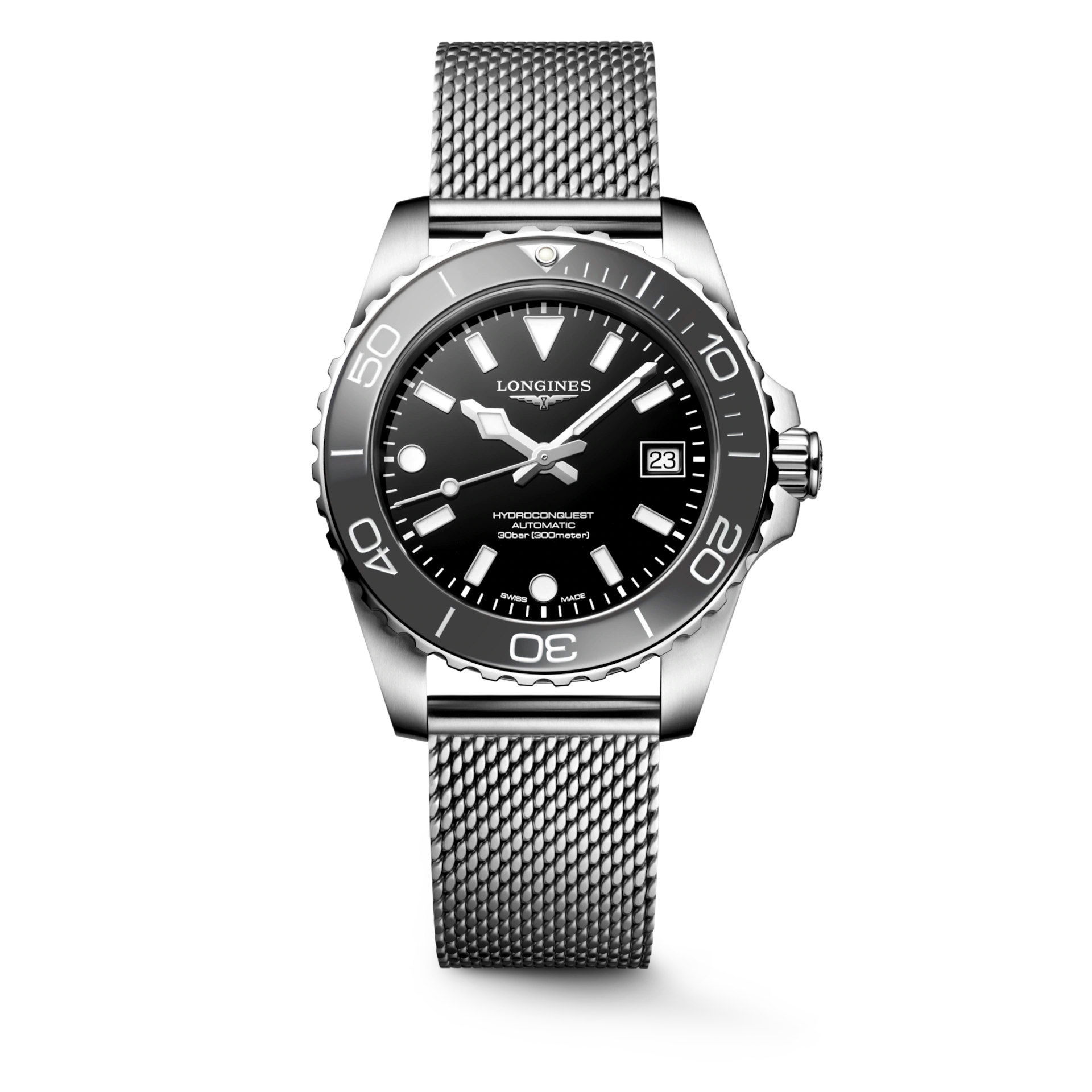 De Longines Hydroconquest L37794706 is een stijlvolle polshorloge met automatische Zwitserse beweging. Het beschikt over een zilverkleurige Milanese mesh band, zwarte analoge wijzerplaat met streepindex, saffierglas, en is waterdicht tot 30 meter. De zilverkleurige roestvrijstalen kast is nikkelvrij en antiallergisch. Perfect voor dagelijks gebruik en formele gelegenheden. Draag het met vertrouwen en stijl.