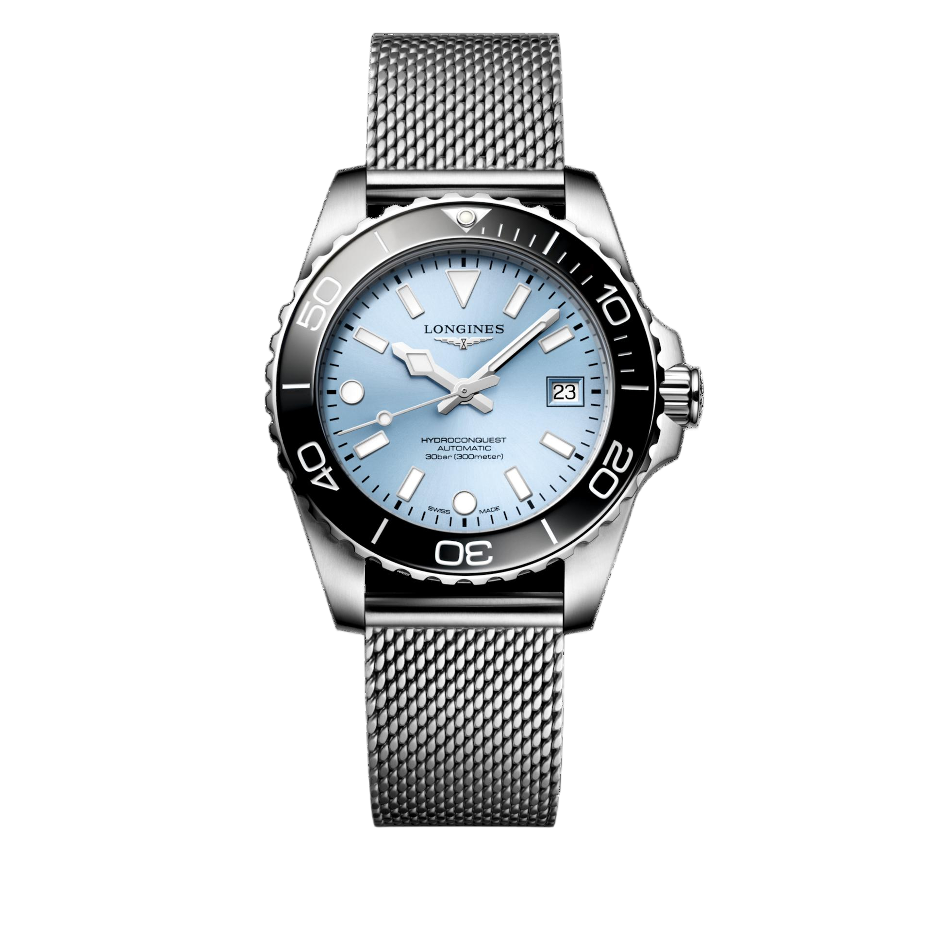 De Longines Hydroconquest L37794996 is een elegante polshorloge met een roestvrijstalen kast en Milanese mesh band. Het horloge heeft een blauwe analoge wijzerplaat met strepen en saffierglas. Met een waterdichtheid tot 30 ATM en automatische Zwitserse beweging is het perfect voor dagelijks gebruik. Draag dit horloge voor een stijlvolle en verfijnde look.