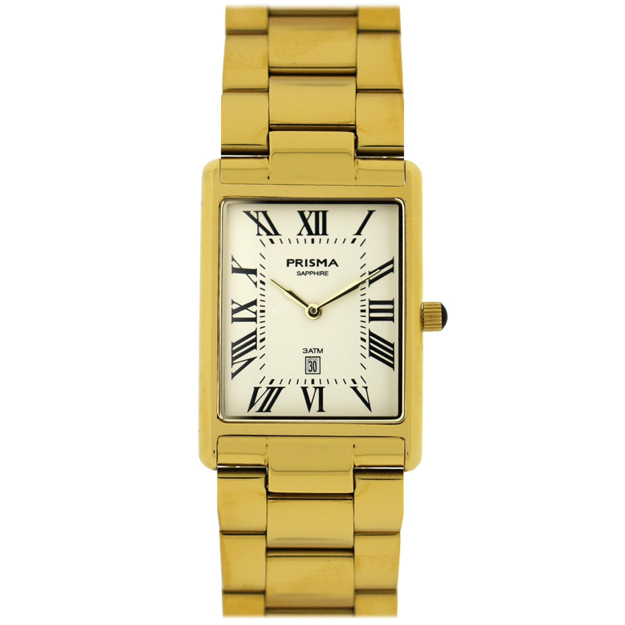 Goudkleurig klassiek Prisma horloge met een witte wijzerplaat en zwarte romeinse cijfers. Het horloge is voorzien van een saffierglas en heeft een stevige vlinder sluiting