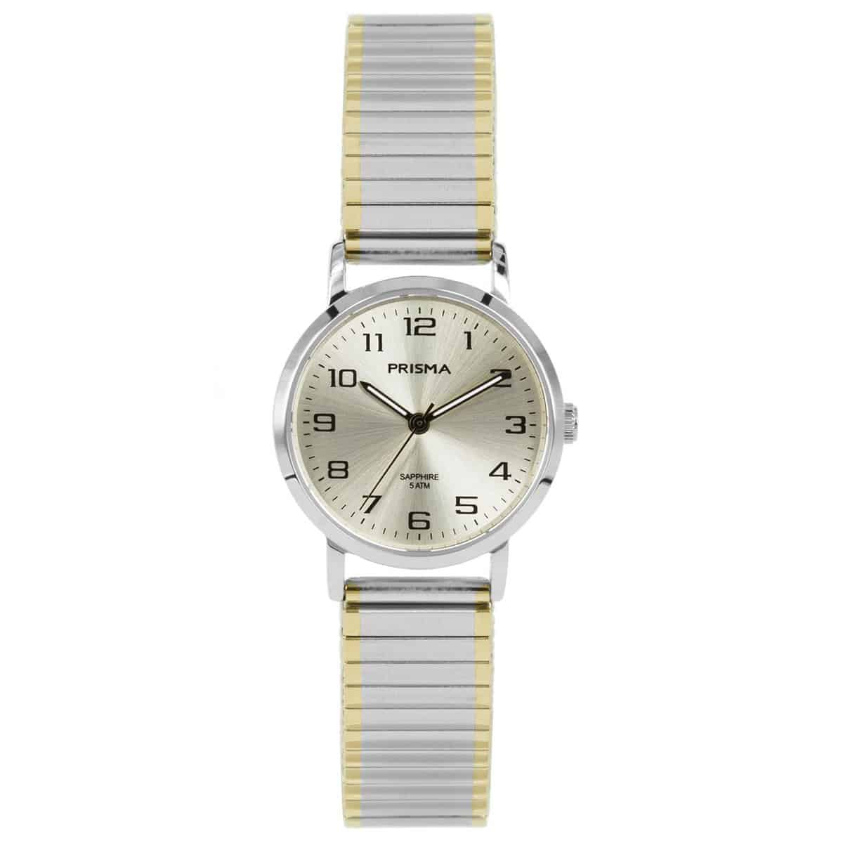 Prisma dames P1757 horloge van edelstaal met saffierglas 
- Kast breedte; 28mm
- Kast dikte; 7.2mm
- Kast materiaal; Edelstaal 
- Glas; Saffier
- Uurwerk; Miyota 2035
- Datum; Nee
- Waterdichtheid; 5 ATM
- Horlogeband; Edelstalen Bicolor rekband
- Maat aansluiting band; 14mm
- Wijzerplaat; Champagne met zwarte cijfers
- Licht functies; Glow in the dark wijzers
EAN: 8716667164123