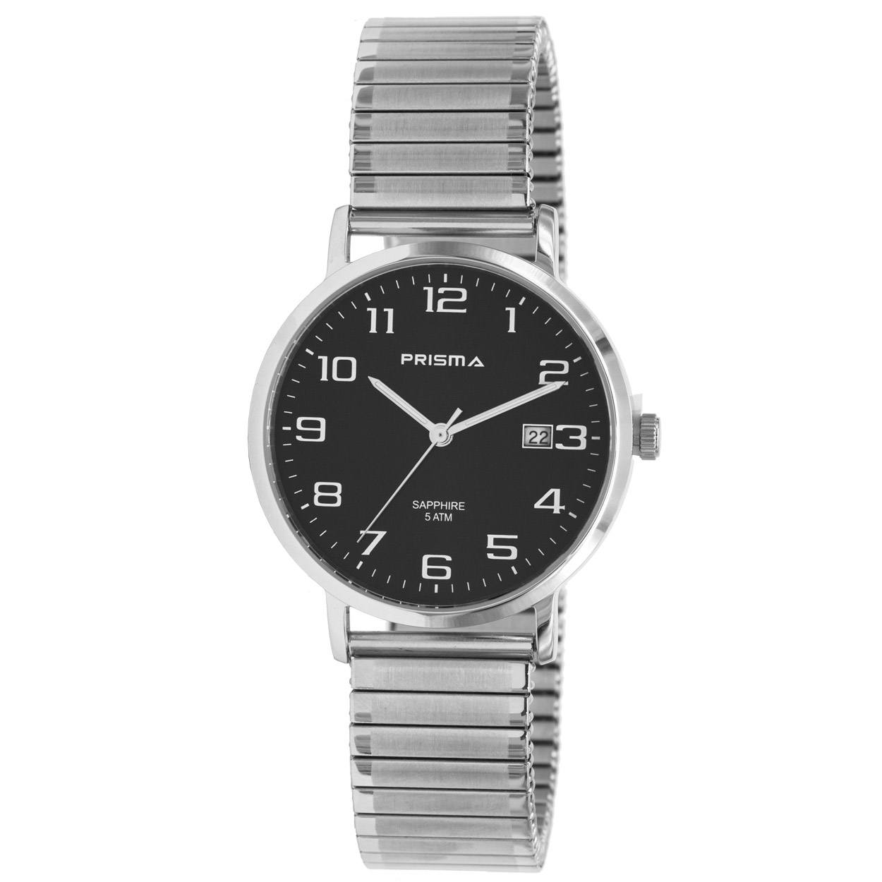 Prisma heren P1752 horloge van edelstaal met saffierglas 
- Kast breedte; 37mm
- Kast dikte; 7mm
- Kast materiaal; Edelstaal 
- Glas; Saffier
- Uurwerk; Miyota GM10
- Datum; Ja
- Waterdichtheid; 5 ATM
- Horlogeband; Edelstalen rekband
- Maat aansluiting band; 18mm
- Wijzerplaat; Zwart met witte cijfers
- Licht functies; Glow in the dark wijzers
EAN: 8716667164086

Code: cathu